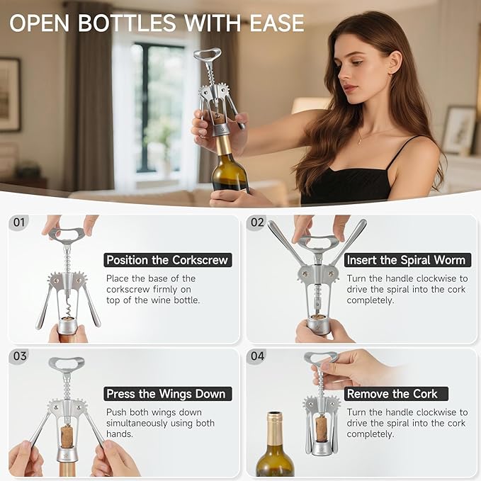 Wing Corkscrew Wine Bottle Opener – Heavy-Duty Stainless Steel Wing Wine Opener, Easy Wine Bottle Opening Tool, Perfect Christmas & New Year Gift for Wine Lovers