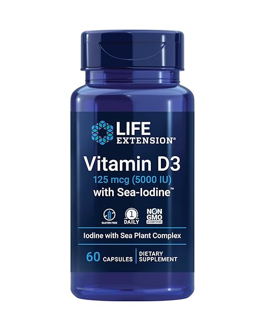 Life Extension Vitamin D3 125 mcg (5000 IU) with Sea-Iodine For Bone, Brain & Thyroid Support – Gluten-Free, Once Daily, Non-GMO – 60 Capsules
