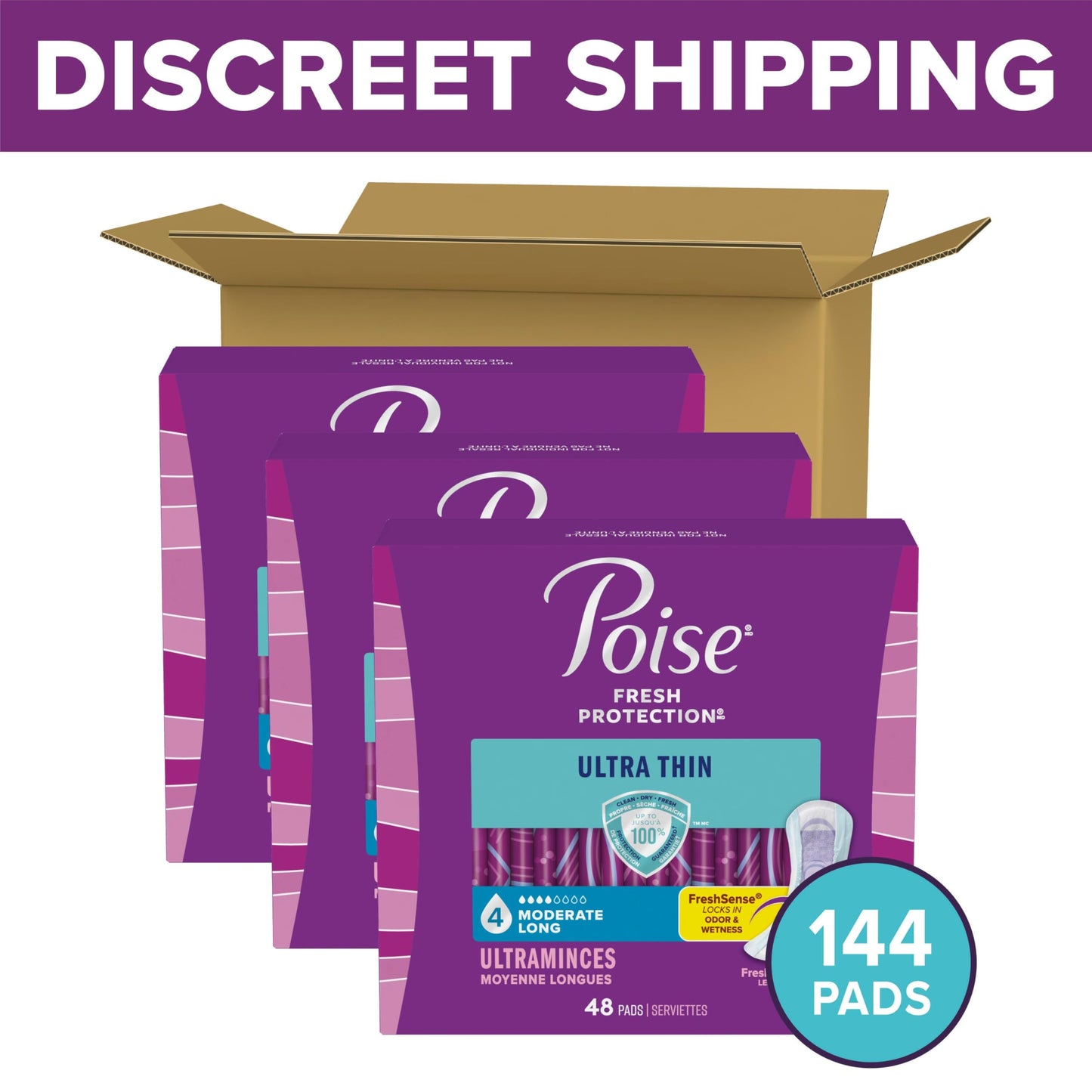 Poise Ultra Thin Incontinence Pads & Postpartum Pads for Bladder Leaks, 4 Drop Moderate Absorbency, Long Length, 144 Count, Packaging May Vary
