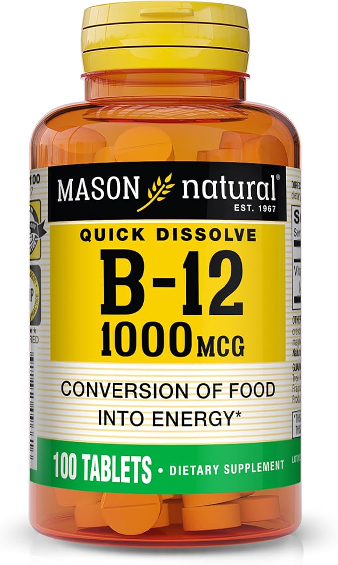 MASON NATURAL Vitamin B12 1000 mcg, Quick Dissolve Sublingual Tablets, Energy, Nerve & Red Blood Cell Support, Fast Absorption B,Complex Supplement, 100 Tablets