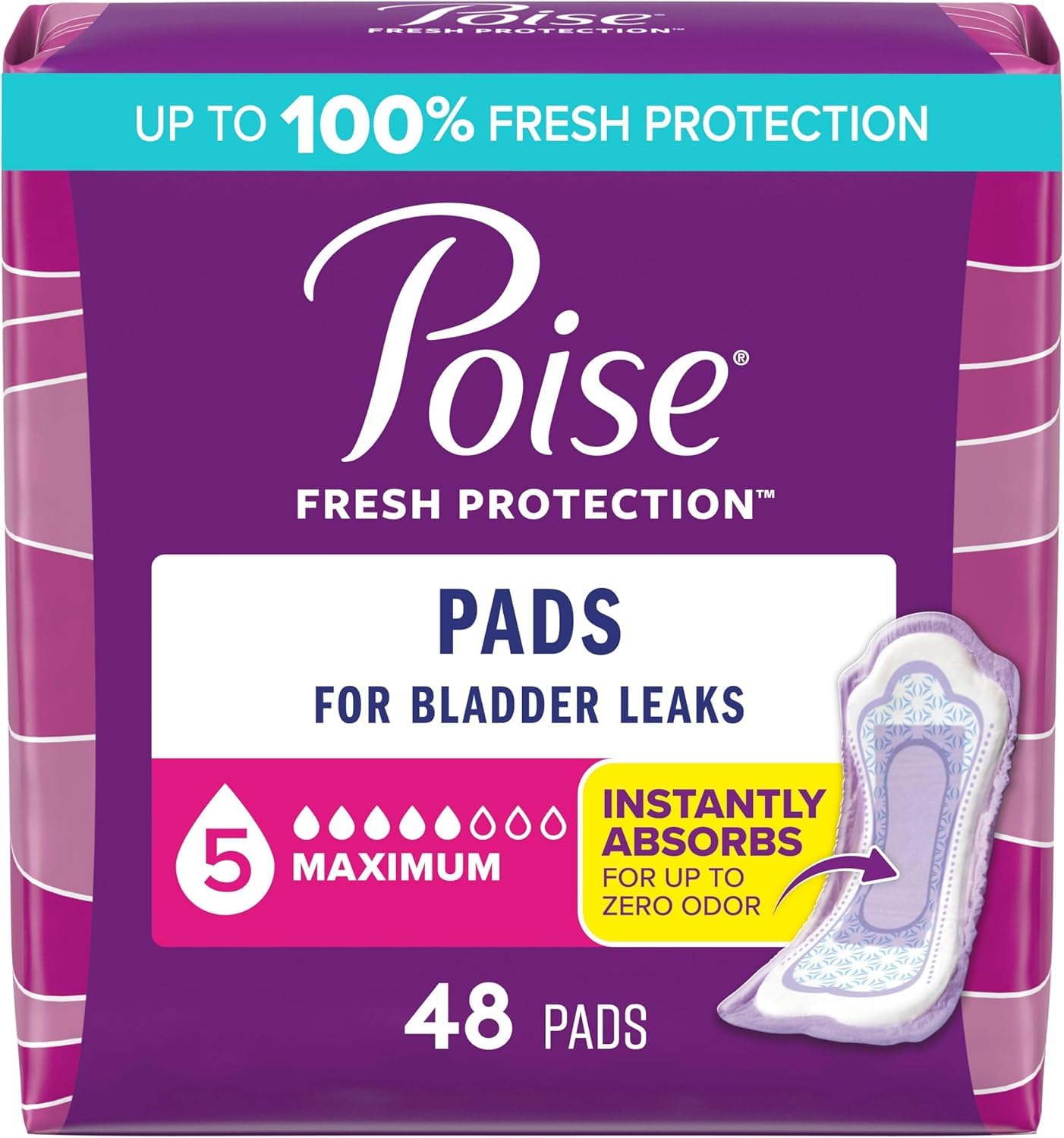 Poise Incontinence Pads for Women, Maximum Absorbency, Long, Pack of 48