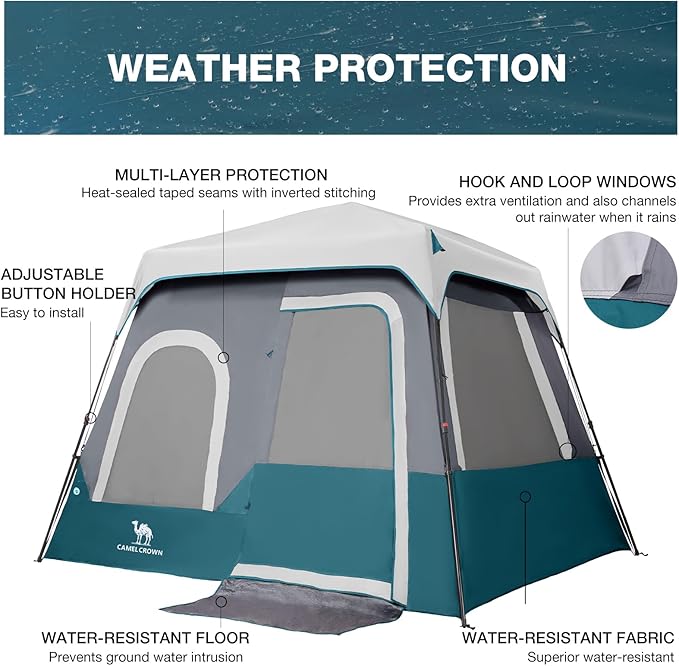 CAMEL CROWN Cabin Tent with 1-Minute Setup, 4/6 Person Instant Tent with Weatherproof Floor