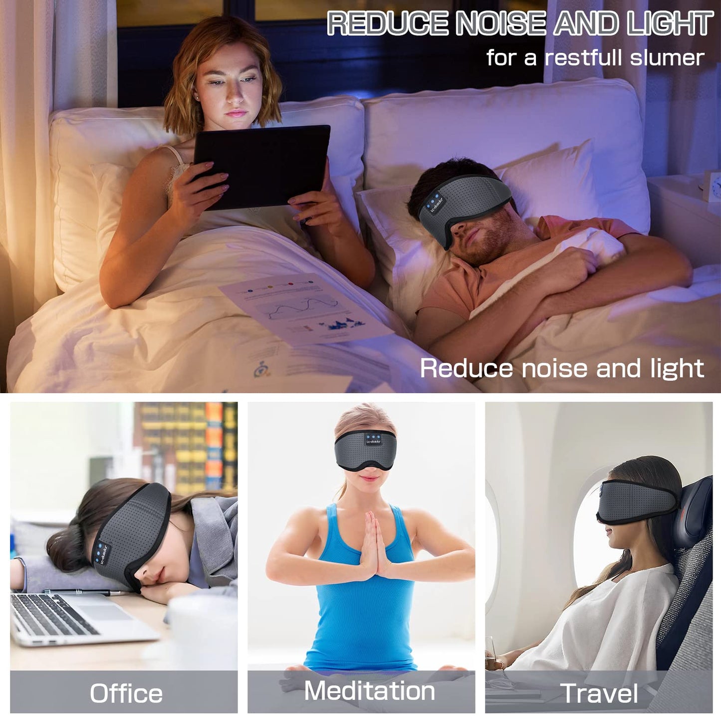 LC-dolida Sleep Headphones, Sleep Mask Bluetooth Wireless Music Eye Mask, Sleeping Headphones for Side Sleepers Sleep Mask with Bluetooth Headphones Ultra-Thin Stereo Speakers Perfect for Sleeping