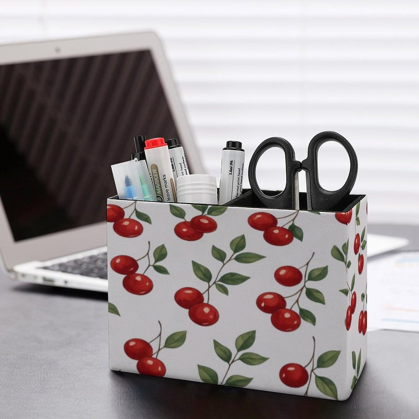 Cherry Pattern Lether Pen Holder for Desk Makeup Brush Holder Office Organizer Desk Accessory for School Office