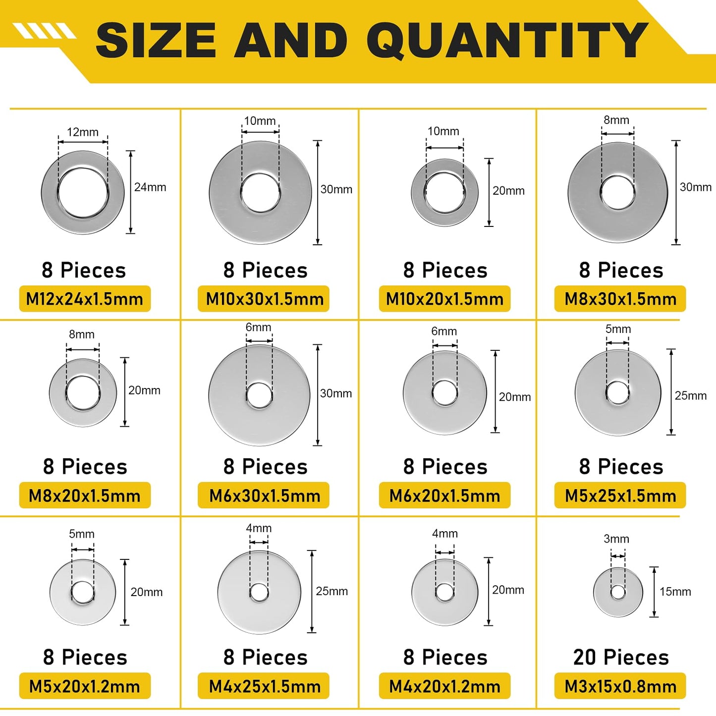 WIESVOP 108Pcs 304 Stainless Steel Flat Washers, Fender Washers Assortment Kit 12 Sizes (M3-M12) Metal Washers for Screws Bolts Large and Small Hardware for Various Home Industrial Automotive