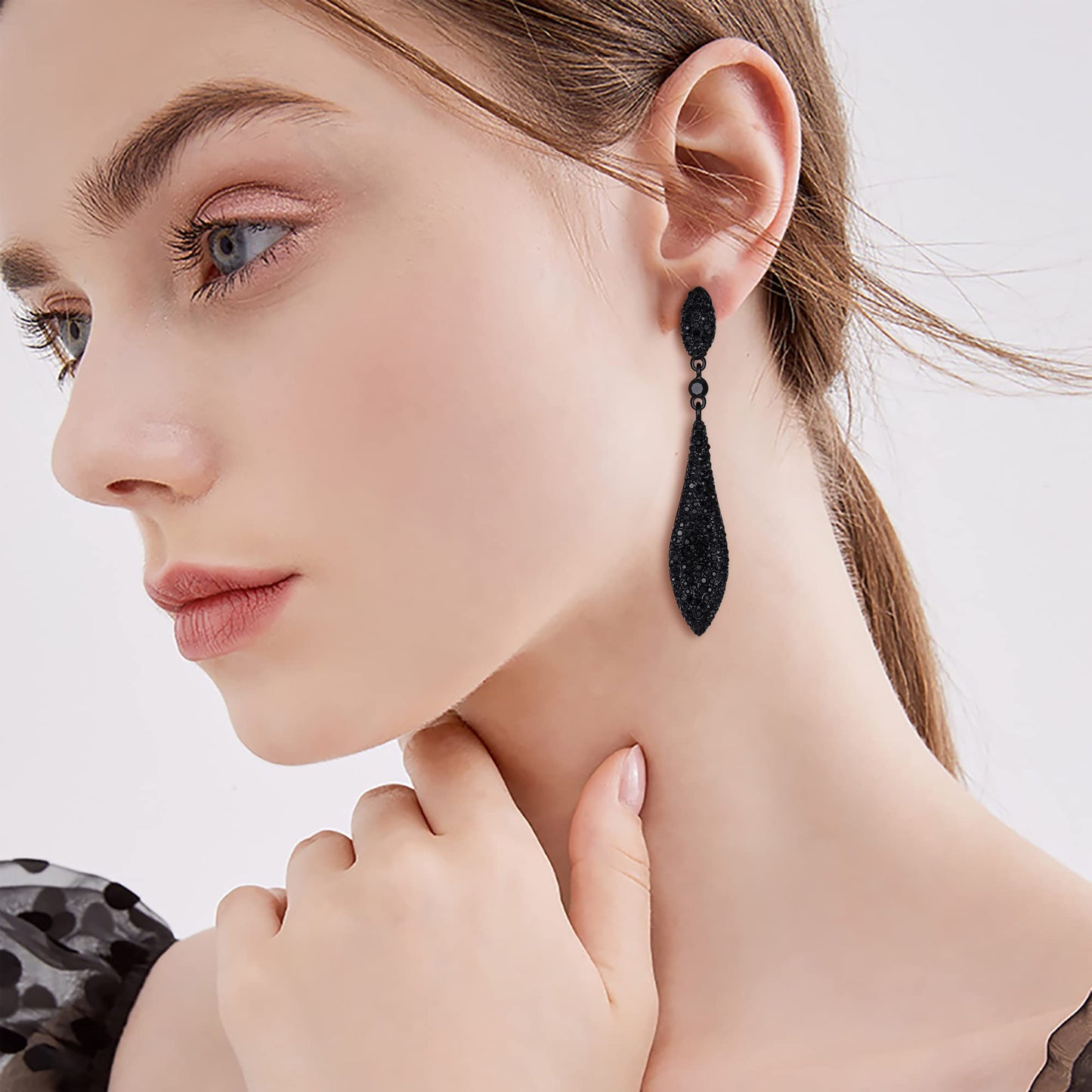 EVER FAITH Women's Austrian Crystal Double Waterdrop Wedding Prom Pierced Dangle Earrings Black Black-Tone