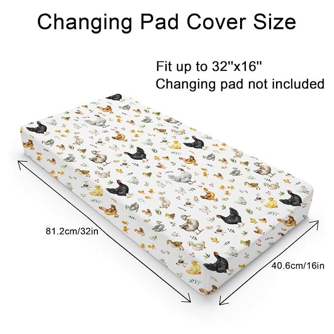 Spring Farm Animals Boho Leaves Changing Pad Covers Chick Rooster Hen Duck Eggs Baby Diaper Changing Pad Cover for Boy Girl Soft Breathable Stretchy Baby Changing Table Sheets Mats 32''x16''