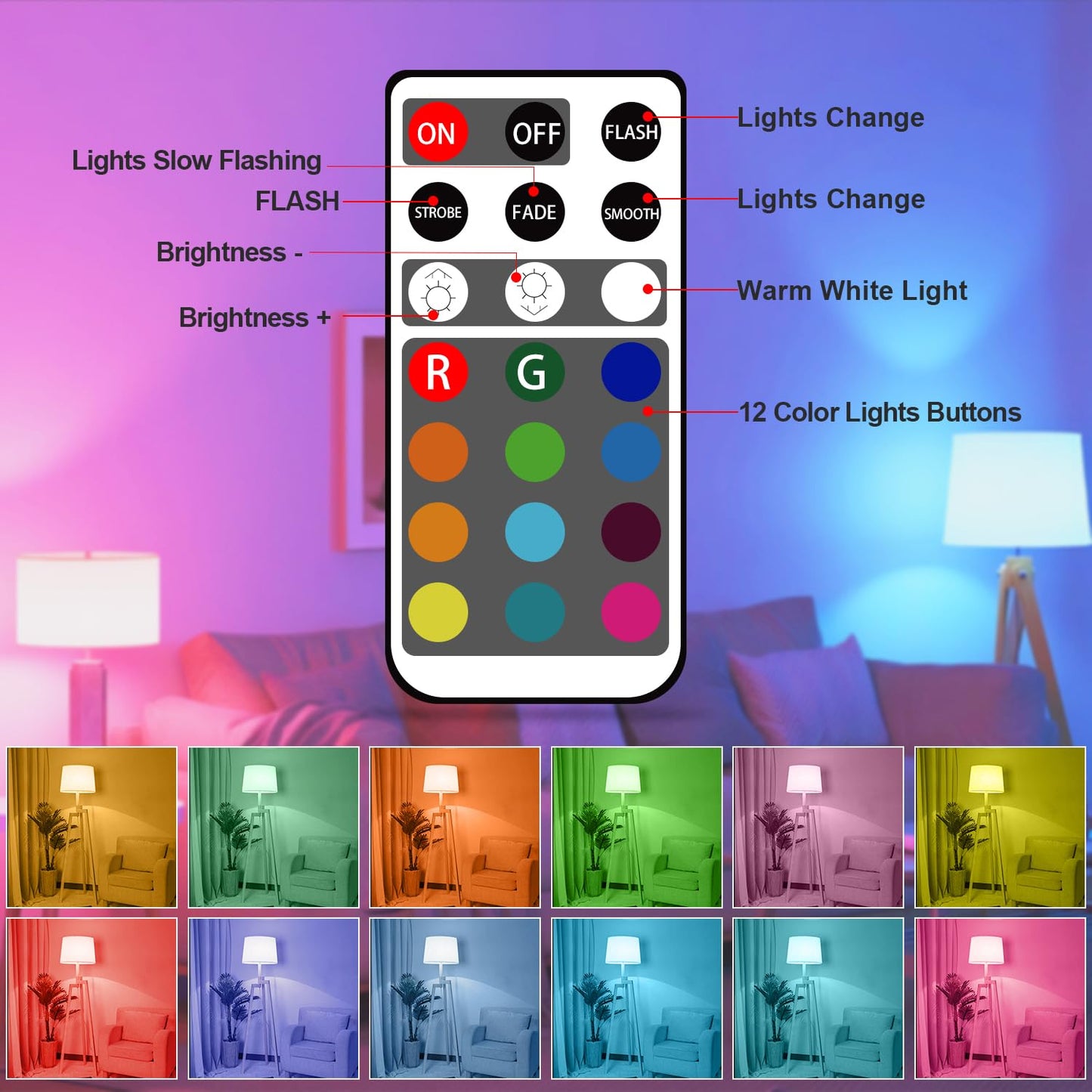 XRise E12 LED Bulb 2.5W Dimmable RGB + Warm White, 9 Pack, 3000K, 250LM, Model E12-WRGB-IR-