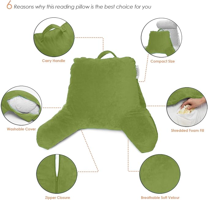 Nestl Reading Pillow for Kids, Small Bed Pillow, Back Pillow for Sitting in Bed, Memory Foam Chair Pillow, Reading & Bed Rest Pillows, Calla Green Back Pillow for Bed, Arm Pillow with Pockets