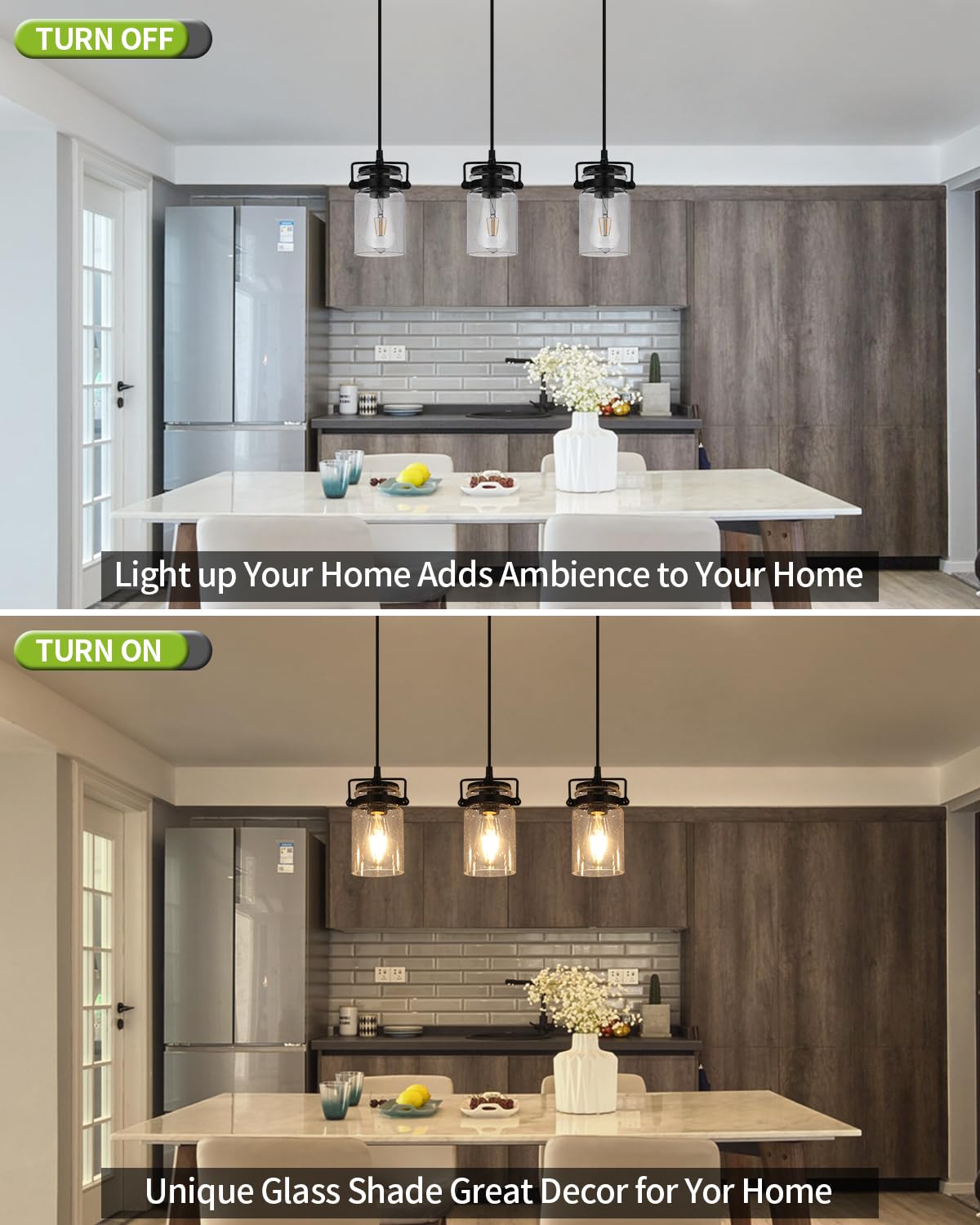 Foucasal Kitchen Pendant Lighting Over Island Pendant Lights With Seeded Glass Shade Black 3 Pendant Lighting Adjustable Farmhouse Ceiling Light For Kitchen Island Dining Room Bedroom Living Room