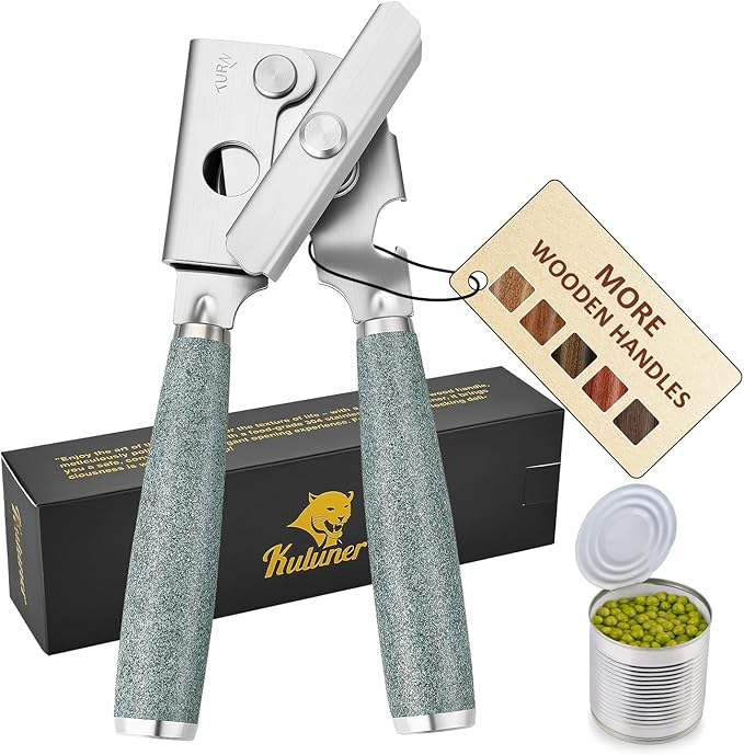 Upgraded Efficient Manual Can Opener - Selected Solid Wood Handle, Sharp and Smooth Blade Edge, Portable Design, Easy-Open Large Knob, Versatile for Various Bottle Caps（Stone grain）