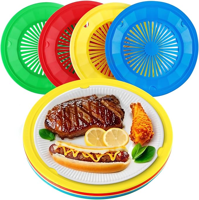 12 Pcs Plastic Paper Plate Holders,10.5 Inch Reusable Paper Plate Holders for 9 Inch Round Plates,Papers Plates Dispenser with Snap in Grooves for Picnic,Party,Dinner,BBQ(Assorted Colors)