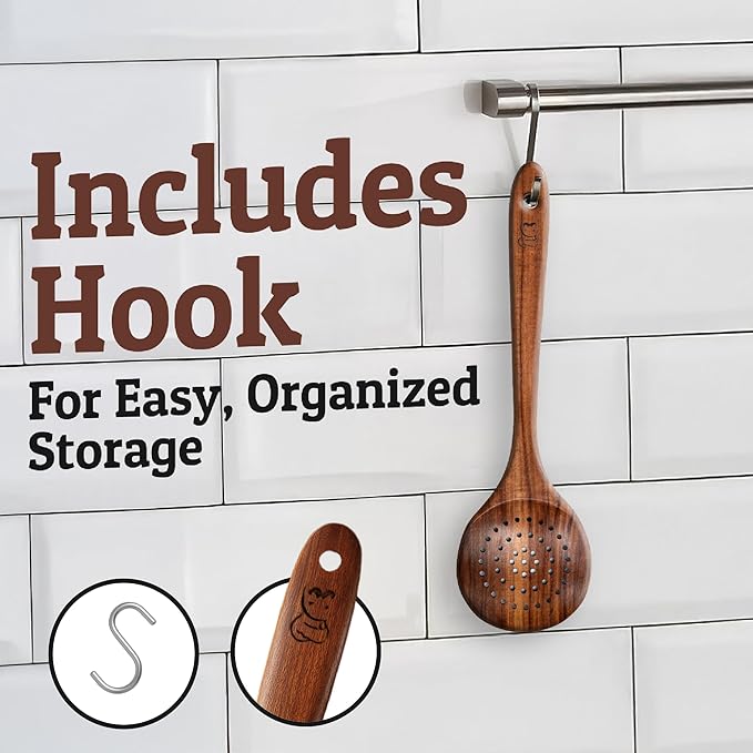 PriorityChef Wooden Skimmer Spoon – Teak Large Slotted Spoon For Cooking or Frying, with Long Handle, Nonstick Safe and Hand-Finished – Durable Wooden Strainer for Kitchen Use