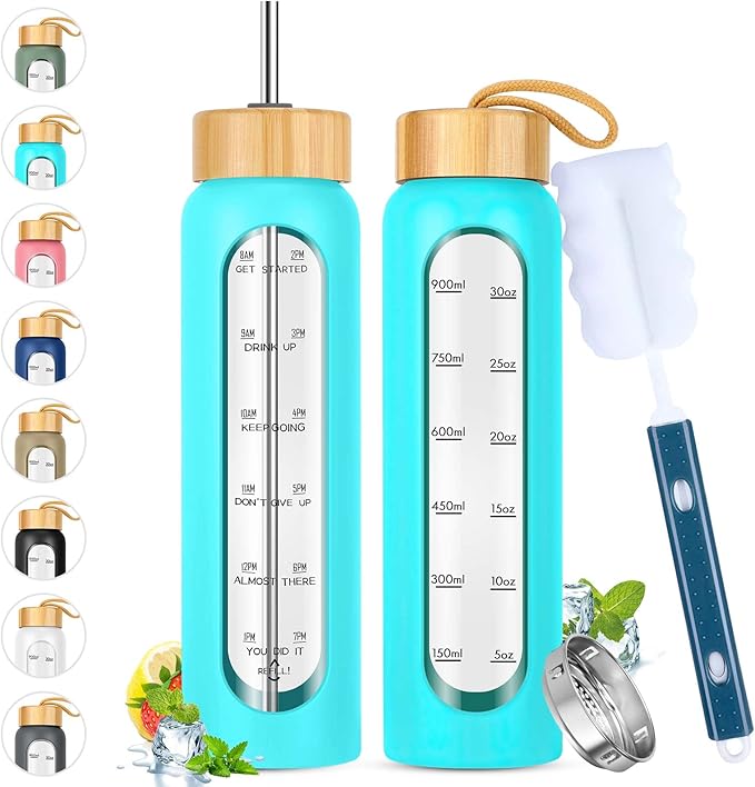 32 oz Glass Water Bottles with Straw - Motivational Glass Water Bottle with Time Marker & Silicone Sleeve - Reusable Glass Tumbler Includes 2 Bamboo Lids & Fruit Infuser - 1 Pack