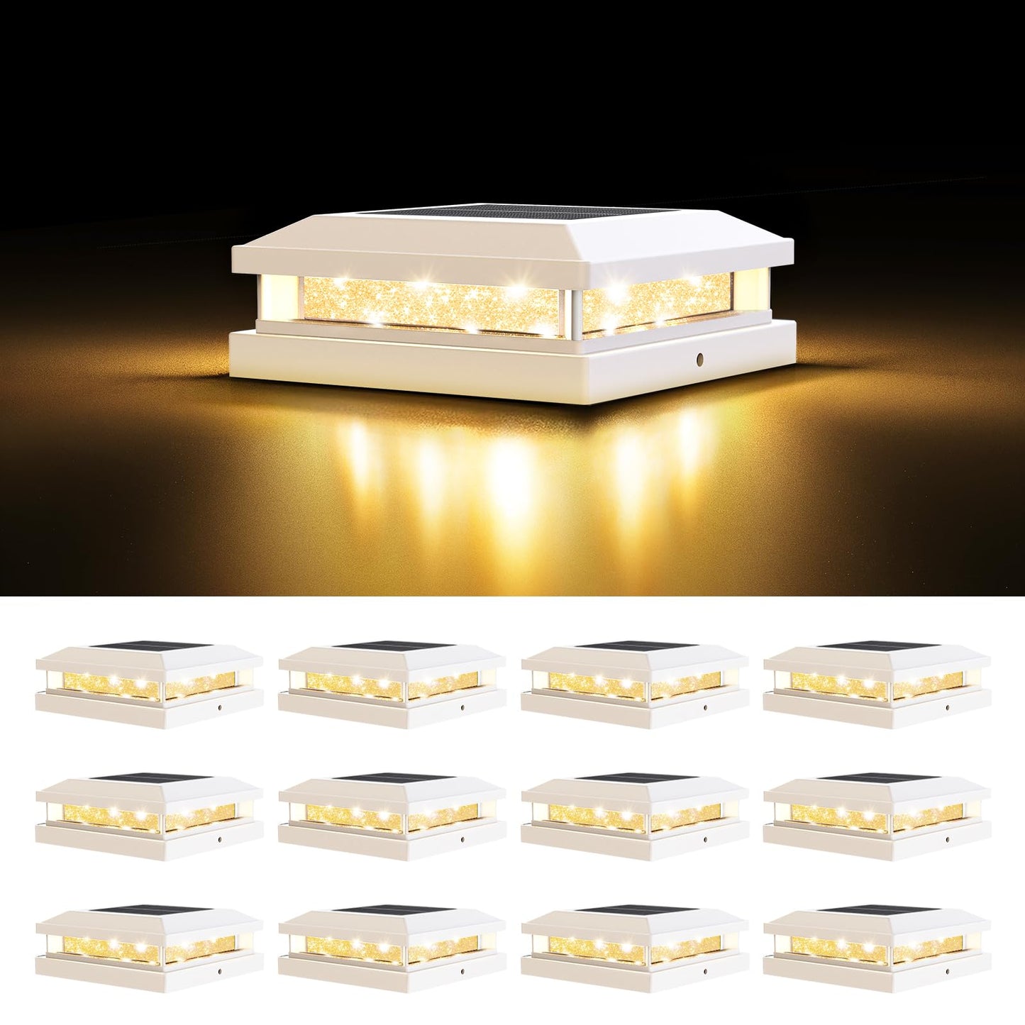 12-Pack Solar Post Cap Lights Outdoor  Waterproof Solar Powered Fence Post Lights For 4X4 4.5X4.5 5X5 Vinyl/Wooden  White Outside 16Leds Warm/Cool Lighting Deck Light For Garden  Patio  Porch