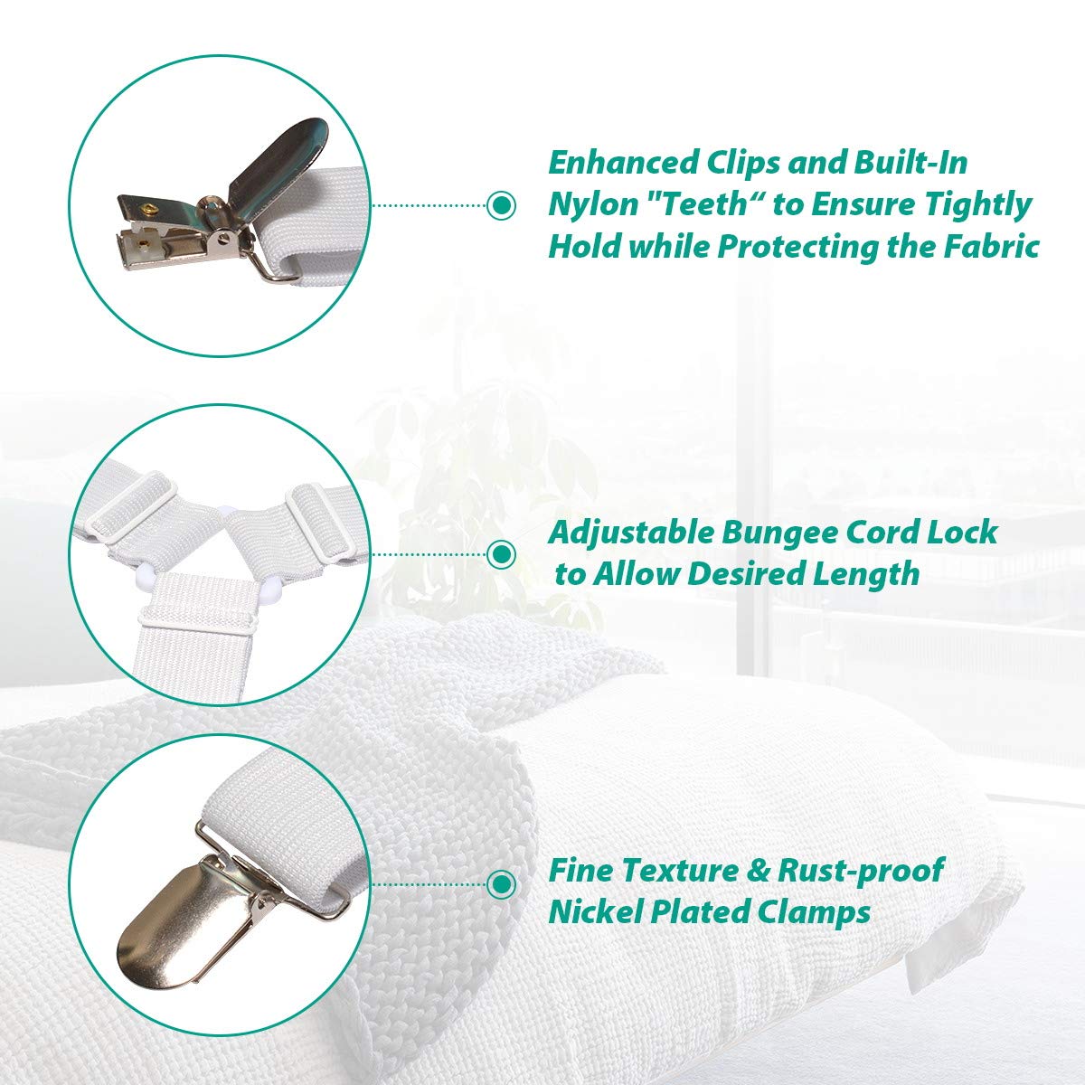 Bed Sheet Fasteners, Adjustable Mattress Suspenders, Mattress Cover Straps, Bed Corner Holder and Keepers and the Bed Sheet Grippers Clips (Triangle White Set of 4)