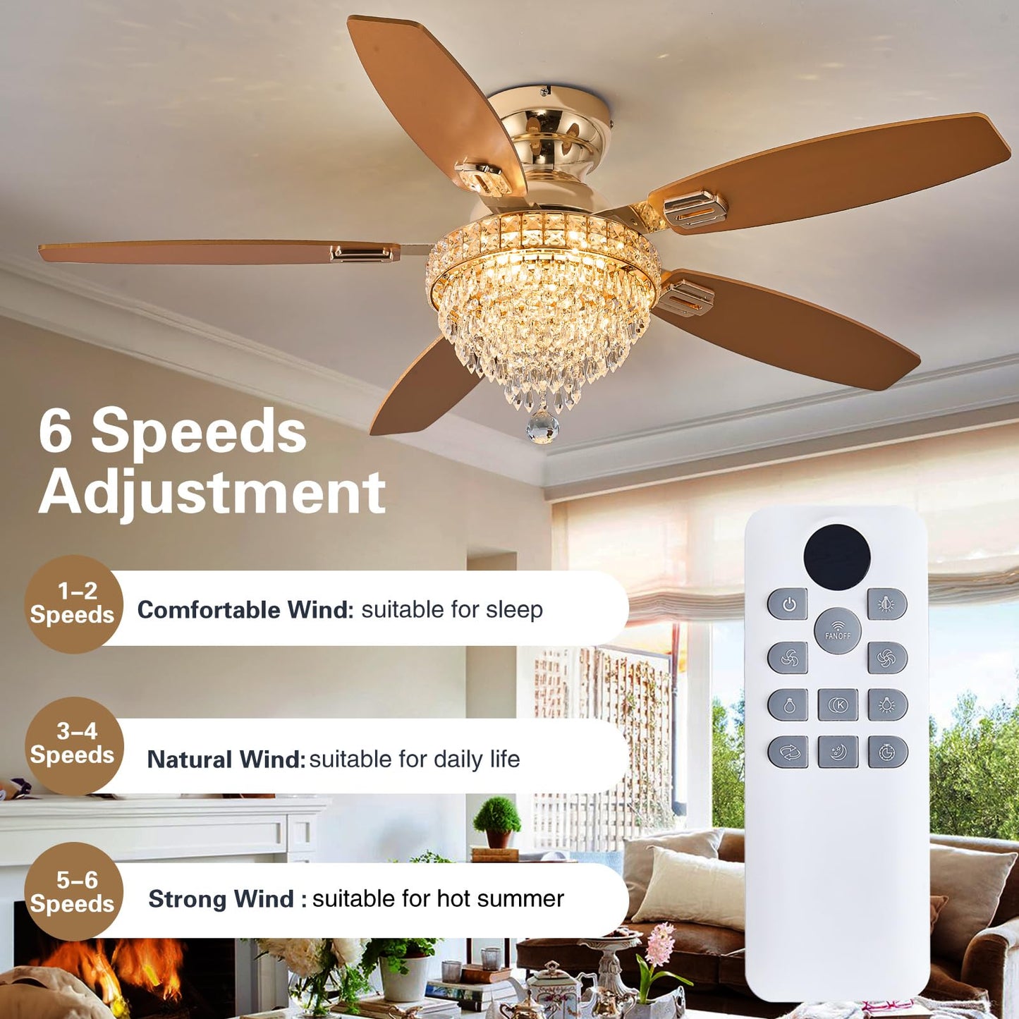 Fanyank Crystal Ceiling Fan Fandelier with Lights, 50in Flush Mount, Gold, Iron, Remote Control, Reversible, Dimmable, Noiseless