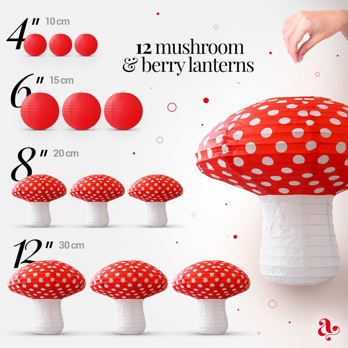 Avoseta Mushroom Paper Lanterns, 12 pcs, Red and White, Large Decorations for Fairy Tea Party and Garden Party, Model: avoseta-lanterns-mushroom