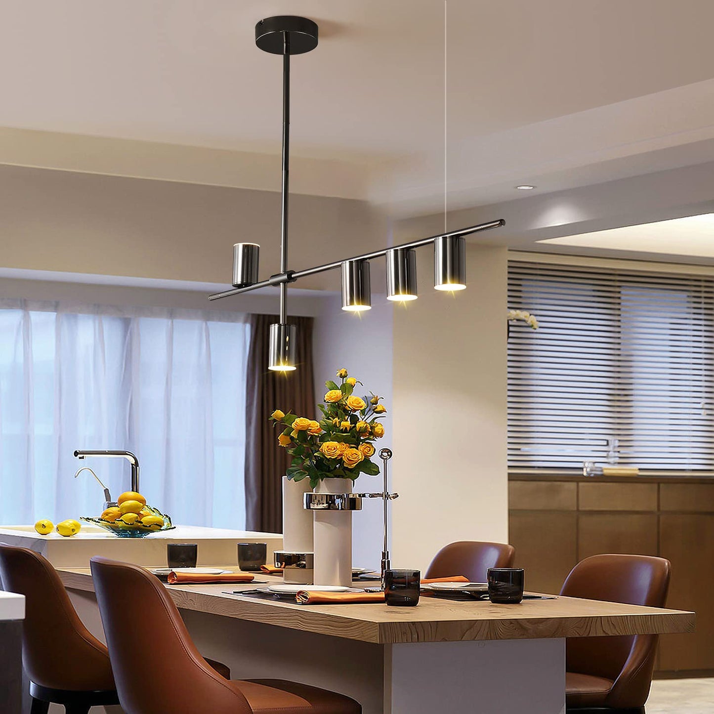 Siittoo Dining Room Light Fixture  Upgraded Dimmable Led Modern Pendant Light With Electroplated Surface  Modern Black Led Hanging Chandelier Light Fixture For Kitchen Island Dining Room 35W 5-Light
