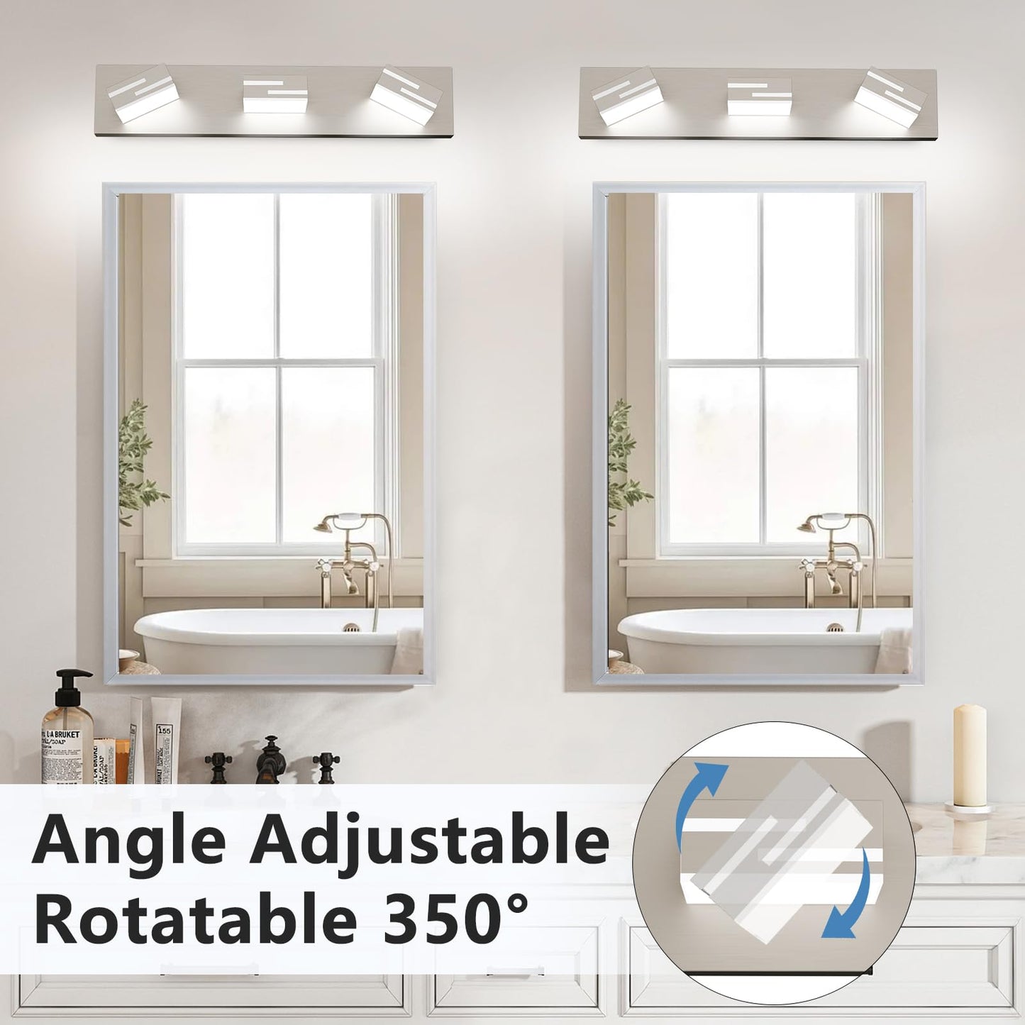 Lkhf Led Modern Bathroom Vanity Light Fixtures  3-Light 22-Inch Dimmable Brushed Nickel Vanity Lights For Bathroom Lighting Fixtures Over Mirror  With 350?Rotatable Acrylic Heads (Cool White 6000K)