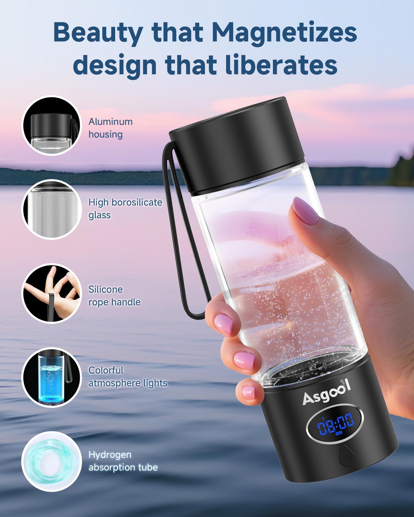 Hydrogen Water Bottle - 5000 PPB in 8 Minutes, Cyclic Mode for 8 Hours, Self Clean, Aluminum & Glass, 360ml Capacity, for Travel, Sports, Office, Home (Black)