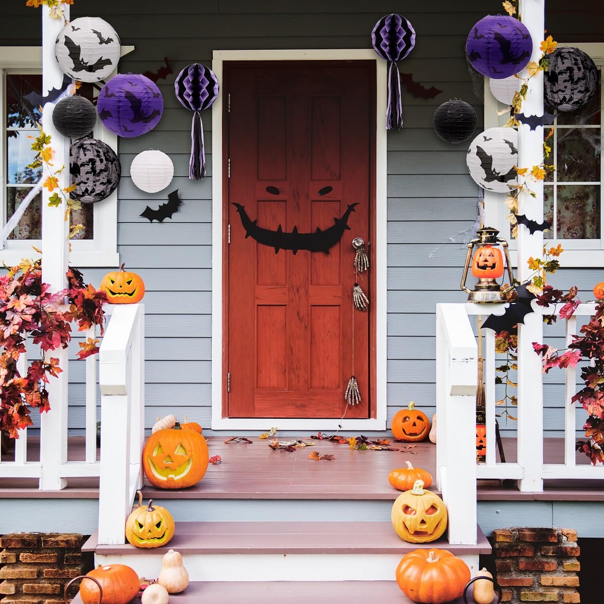 Uniqooo 12Pcs Spooky Halloween Decor Black White Purple Hanging Paper Lanterns Set With Decorative Bats & Honeycomb Pom Pom Tassels For Indoor/Outdoor Holiday Home Garden Decor Party  12 In & 8 In