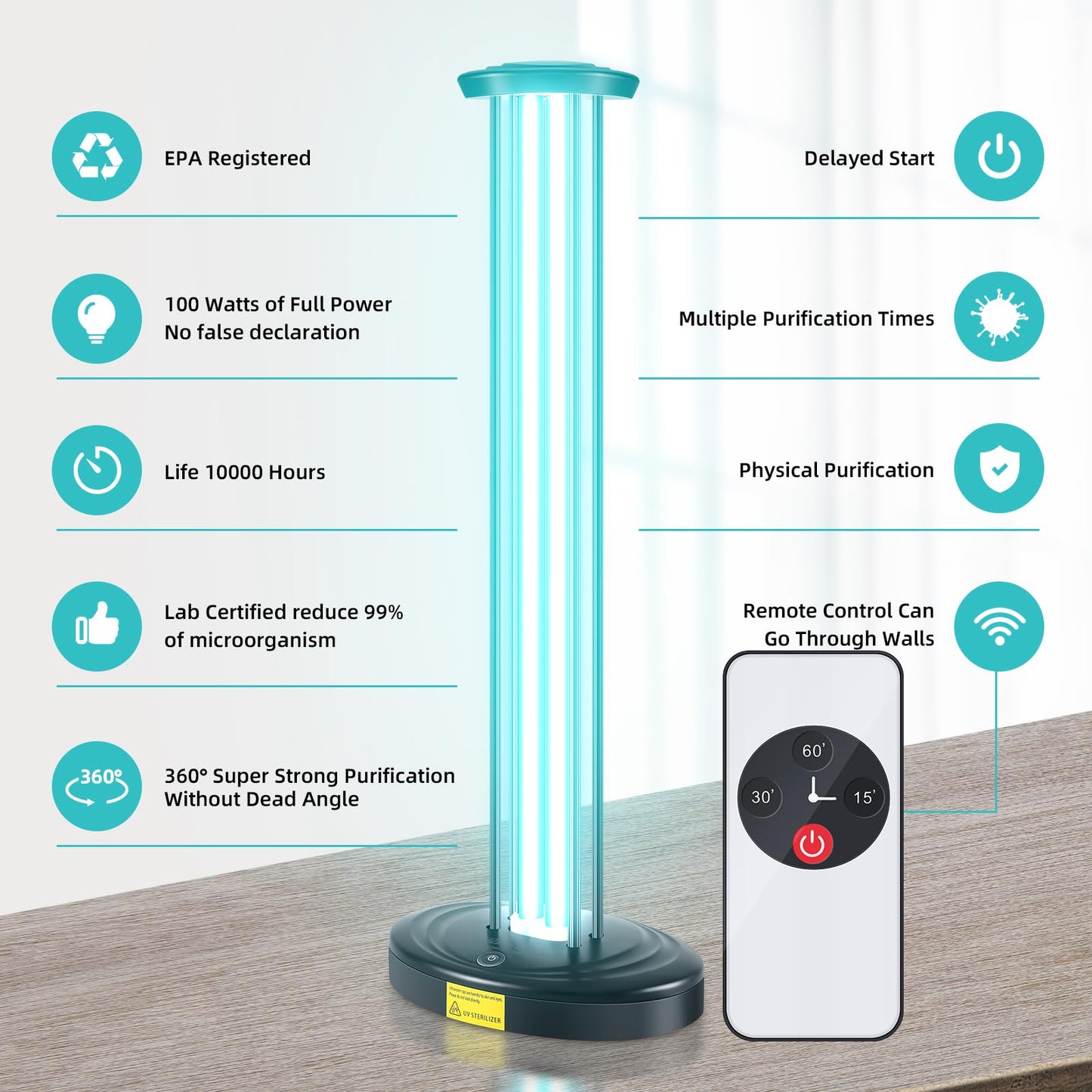 JTAPURE 100W UV Light with Ozone, 3-Gear Timer & Remote Control, Mold & Dust Mite Eliminator, Black, Model JTA-100WO