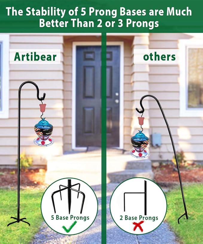 Artibear Adjustable Outdoor Shepherd Hook Stand with 5 Prong Base, 76 Inches Tall 3/5 in Thick, Shiny Black (2 Packs)