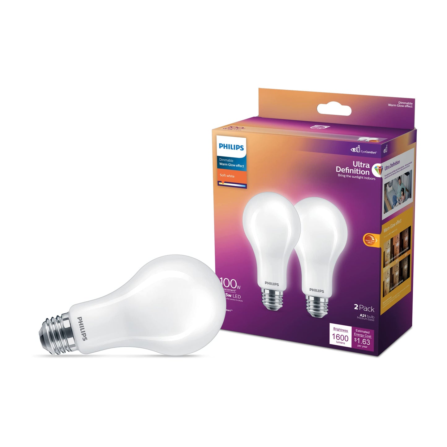 PHILIPS LED Frosted Spiral Bulbs, Dimmable, 1600 Lumen, Soft White, 12.5W=100W, E26 Base, 2-Pack, Model