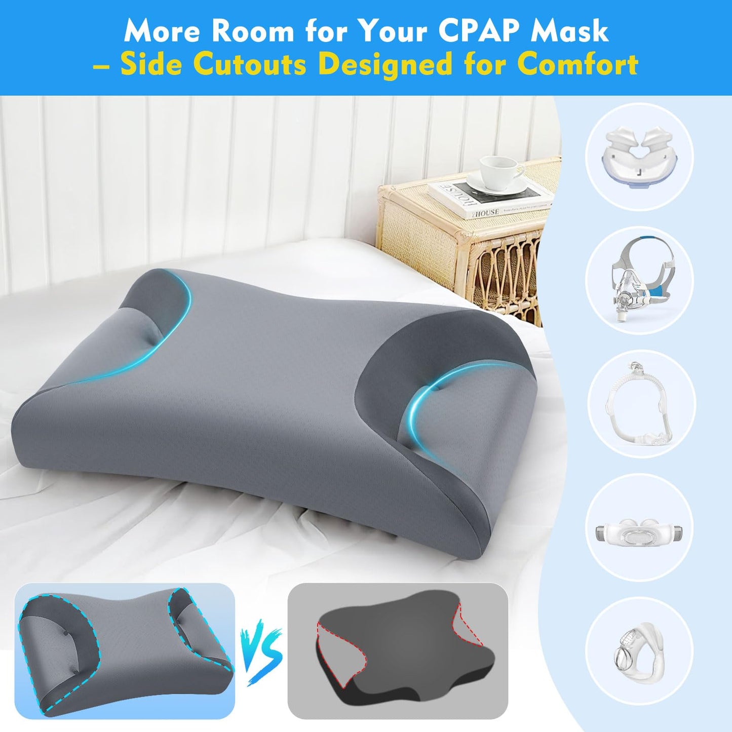 IKSTAR CPAP Pillow for Side Sleepers with Larger Cutouts – Adjustable Height Memory Foam – Fits Most Nasal/Full-Face/Pillow Masks – Helps Reduce Mask Pressure & Air Leaks – Cooling Washable Cover