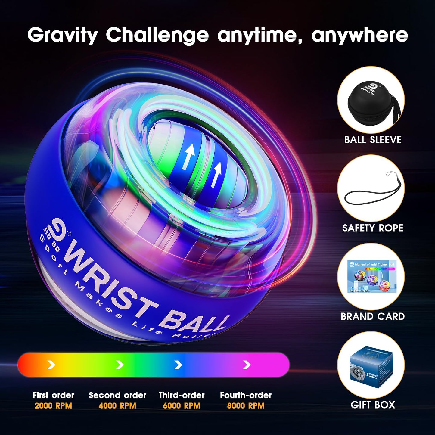 JIN BD Wrist Trainer Ball Auto-Start Strengthener Gyroscopic Forearm Exerciser Gyro for Strengthen Arms, Fingers, Bones and Muscles with LED Light，Blue