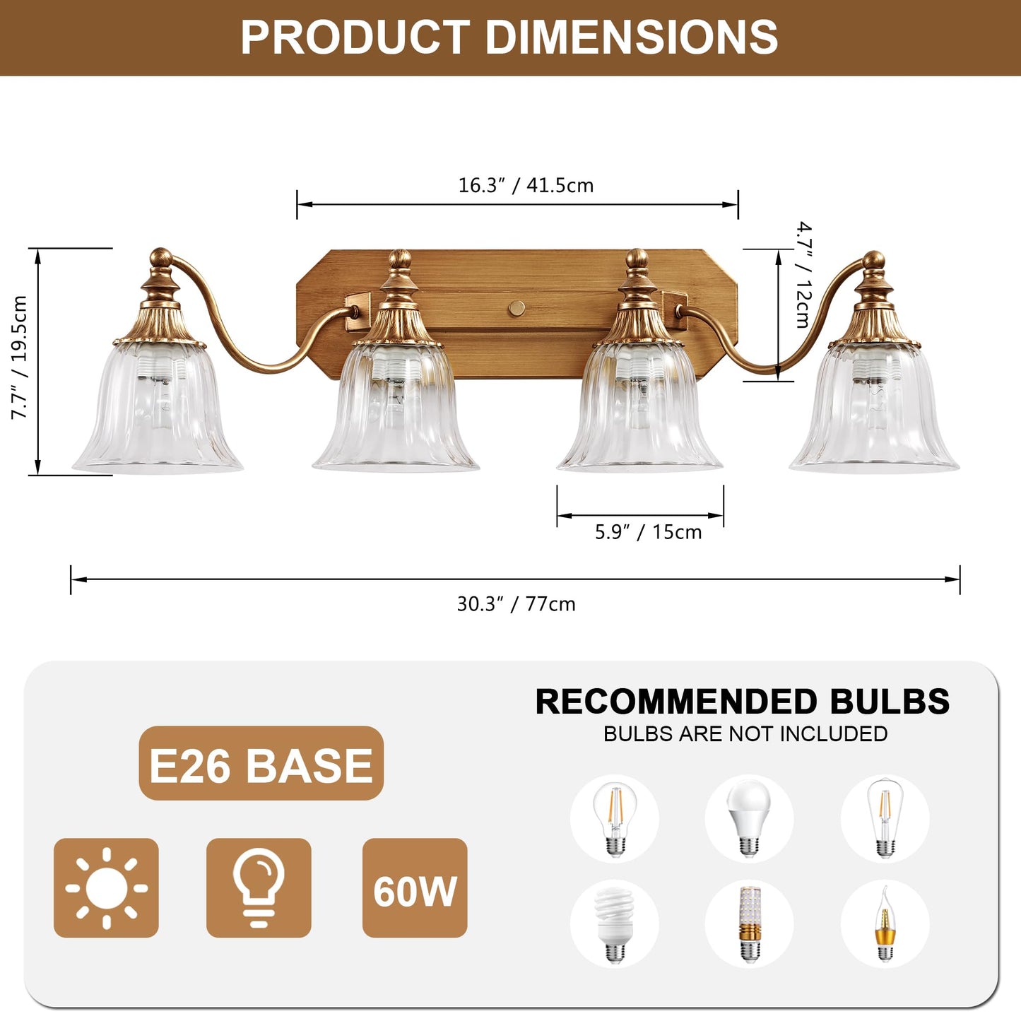 Dvmteom Gold Vintage Bathroom Light Fixtures  4-Lights Bathroom Vanity Light  Antique Brushed Gold Lighting Fixtures Over Mirror With Crystal Glass Shade  Wall Sconce Lighting