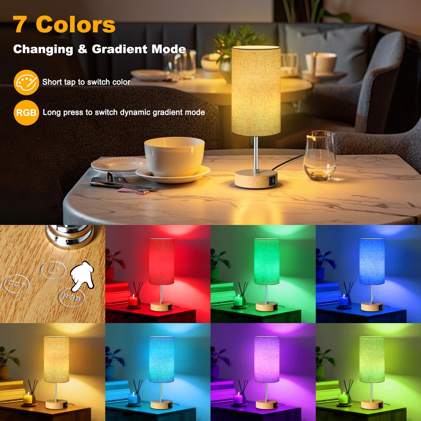 Unicozin Small Table Lamp, 3CCT & 7 RGB Color Changing, Dimmable, 14.5in, Beige - Wood Grain Base