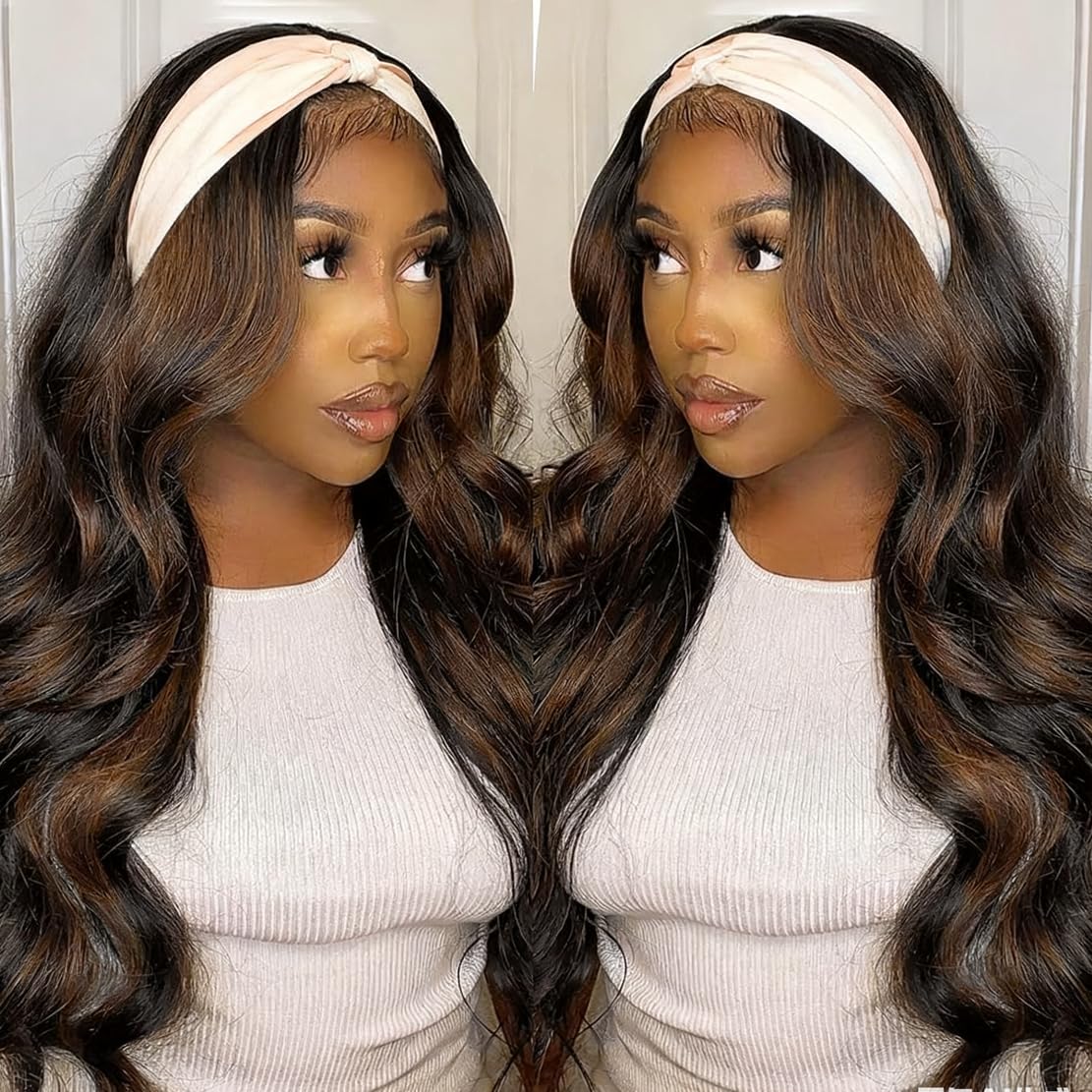 Emistar Mixed Brown Headband Wig - 26" Wavy Synthetic Hair for Black Women, Glueless, 150% Density, Body Wave