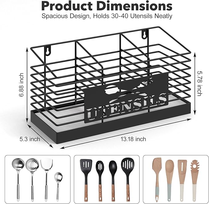 Large Utensil Holder for Kitchen Counter with Fast-Drying Diatomaceous Earth Base, Wall Mountable Metal Utensil Organizer, 3-Compartment Cooking Tools and Silverware Storage Rack, Black
