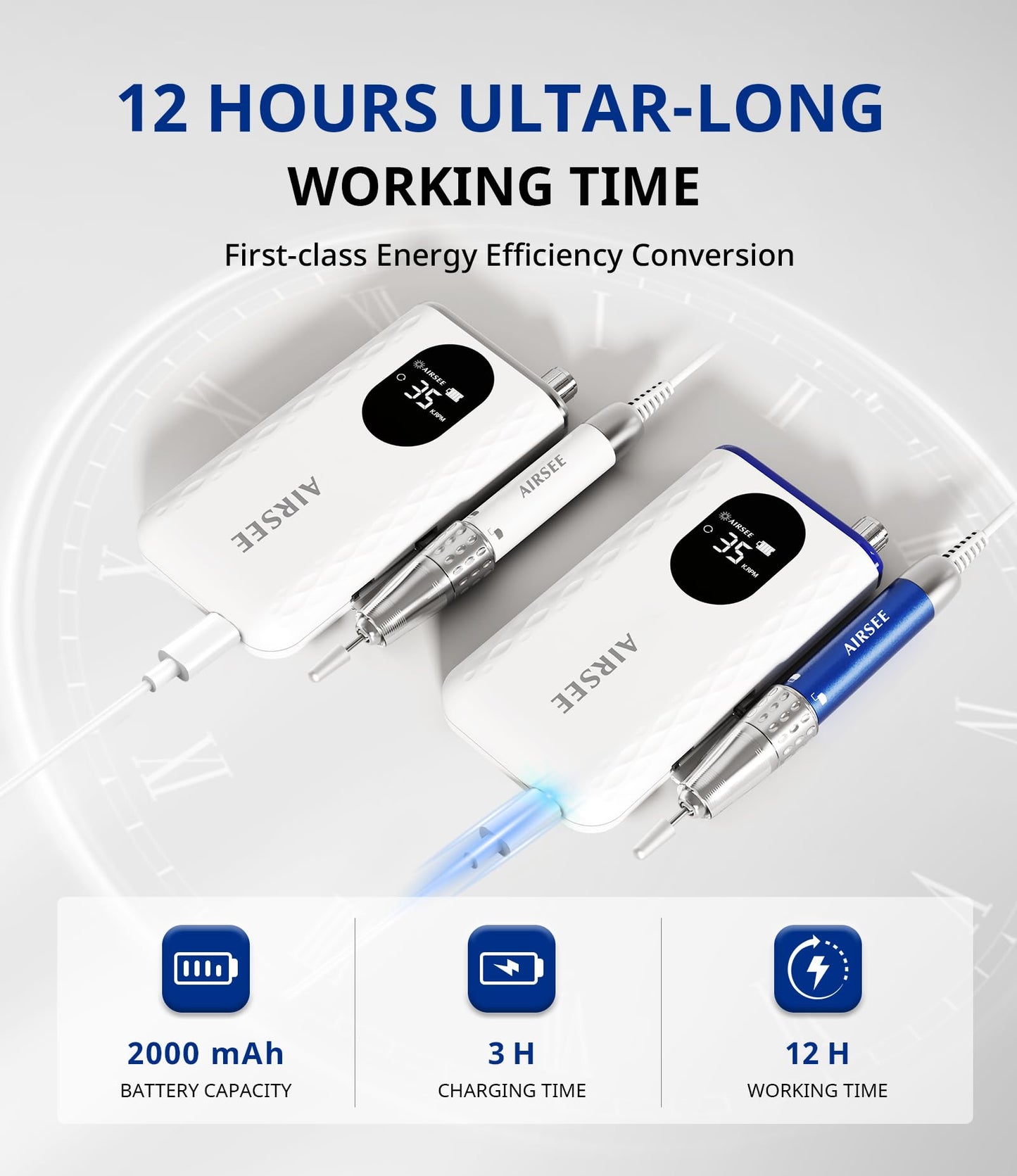 AIRSEE Updated Professional Nail Drill,Rechargeable Cordless Efile Machine for Acrylic Extension Gel Dip Powder Powerful Portabl