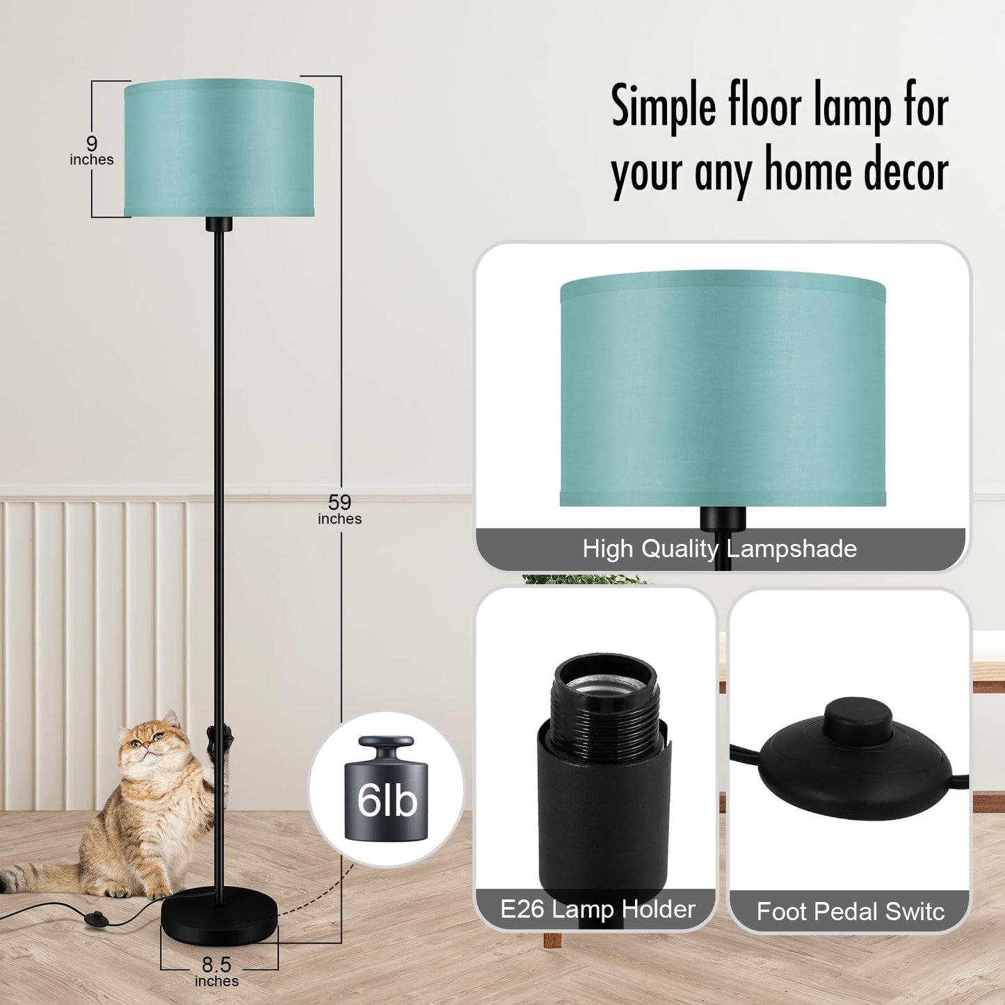Floor Lamp  Standing Lamp  Modern Floor Lamps With Green Lampshades  Foot Switch  59  Tall  Bright Pole Lamps For Living Room  Bedroom  Office  Nightstand  Kids  Gift  Green Lamp (Without Bulb)
