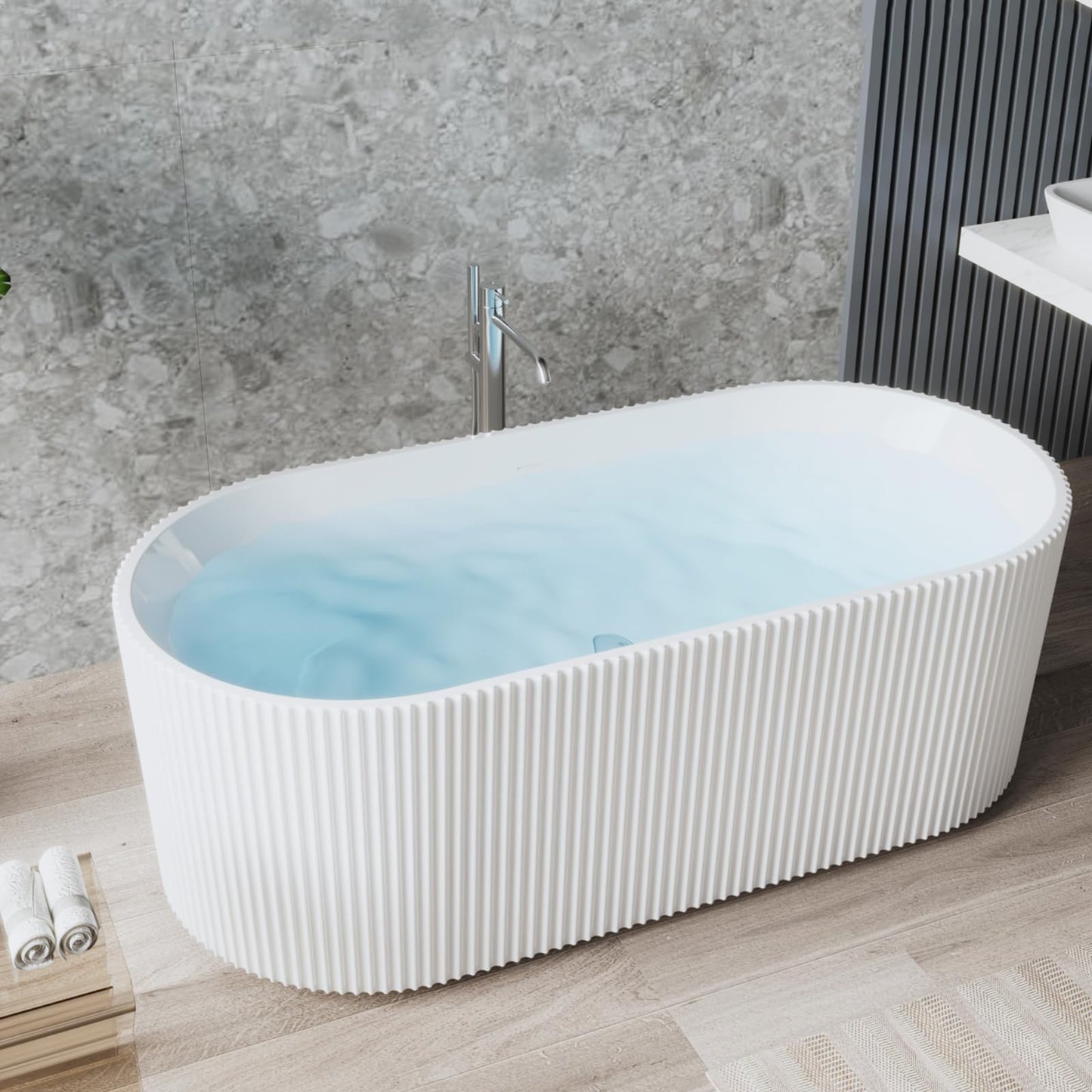 59" Free Standing Tub, Acrylic Soaking Bathtub, Stand Alone Freestanding Tub with Matte Sliver Drain and Overflow, Contemporary Bathtub for Bathroom, Pleated Gloss White