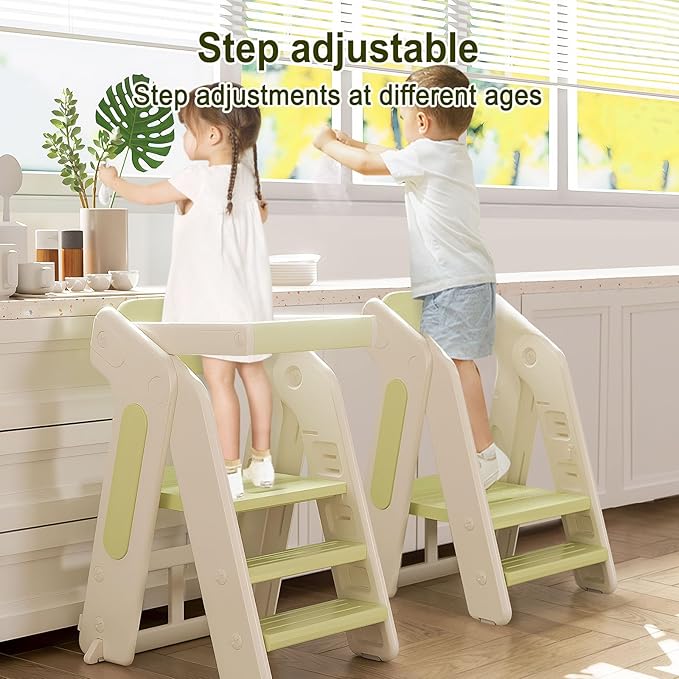 Toddler Tower Kitchen Stool Helper,Foldable/Adjustable Height Kids StandingTower Stool W/CPC Certification,for Kitchen Counter Bathroom Sink Cooking Child Ladder for Toddlers W/Safty Rail(Brown White)