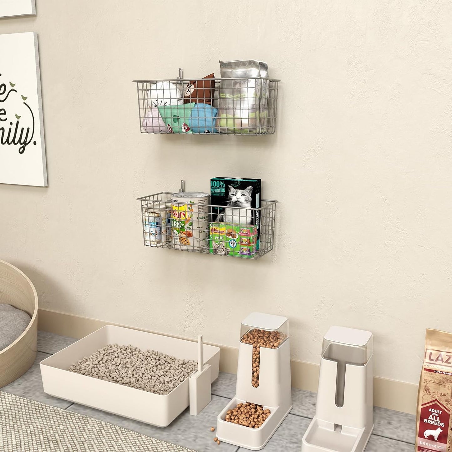 2 Sets Extra Large Hanging Wall Basket, Grey Metal Wire Baskets with Steel Hooks for Organizing, WallmountedFruit Vegetable Toy Snack Storage, Home Kitchen Bathroom Laundry Pantry Organizer