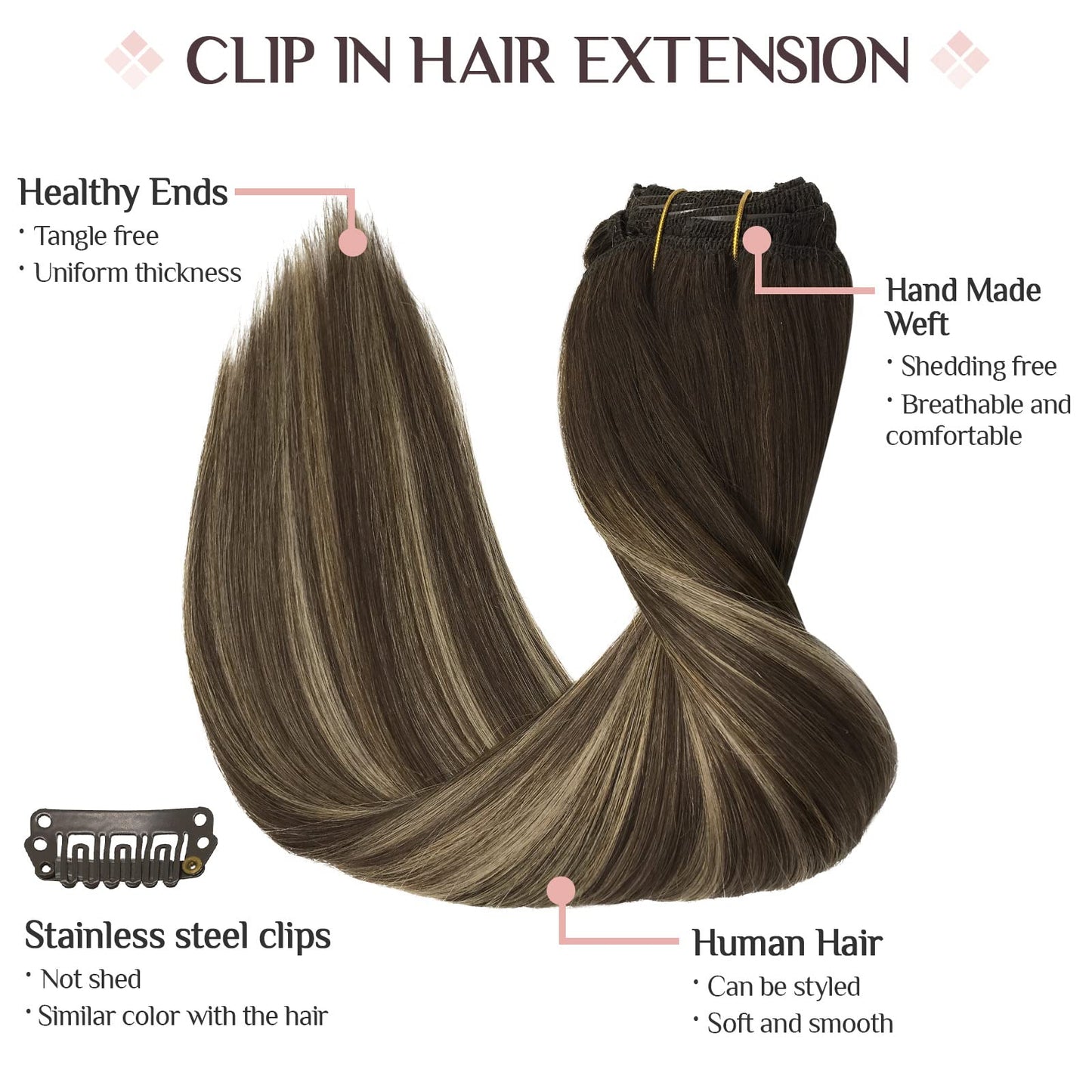 Clip in Hair Extensions Real Human Hair, 7pcs 120g Balayage Chocolate Brown to Honey Blonde 24 Inch, MAXITA Remy Hair Extensions