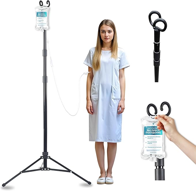 TidyFriend Steel Tripod IV Pole, Portable IV Pole Stand, Adjustable 30–75 in Height, Collapsible Stand with 2 Hooks & 3 Le...