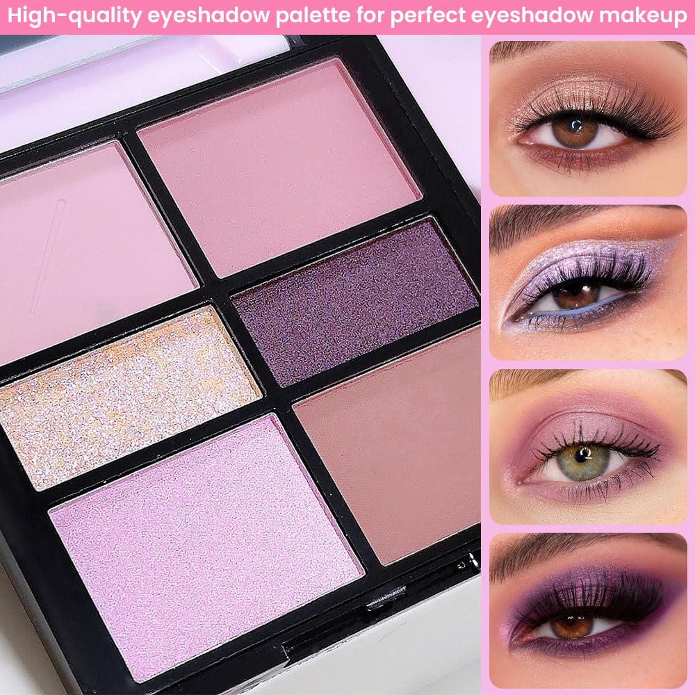 WanTuoluo 6-Color Pink Champange Purple Matte & Shimmer Eyeshadow Palette with Mirror - Highly Pigmented, Long-Lasting Eye Makeu