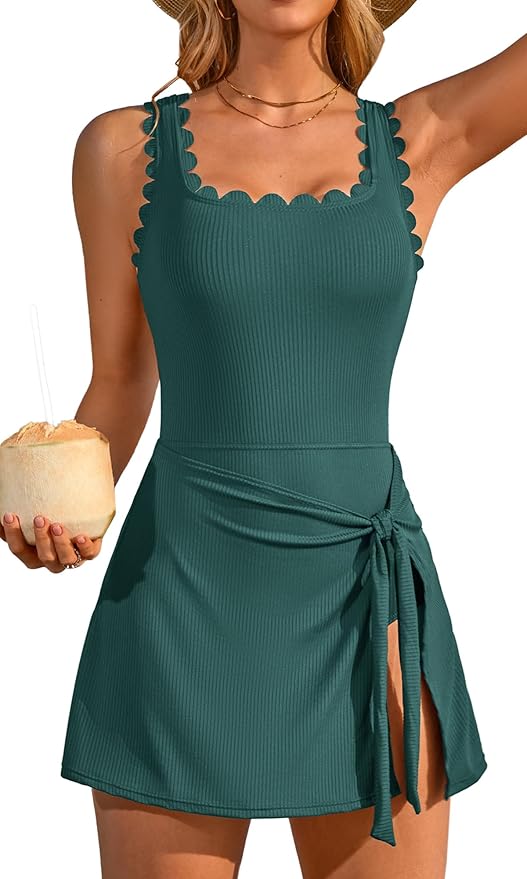 Charmo One Piece Swim Dress Scalloped Square Neck Modest Swimsuits for Women Tummy Control Bathing Suit with Skirt