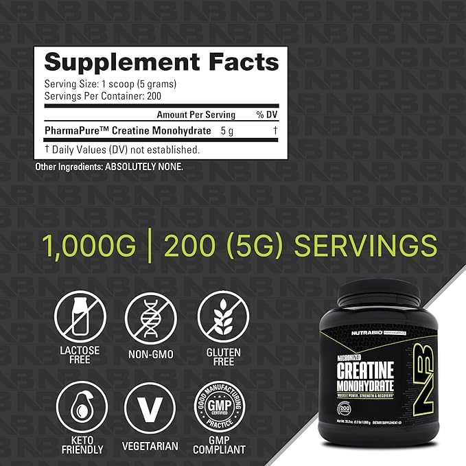 NutraBio Pure Micronized Creatine Monohydrate Powder Supplement, Unflavored, (1000 g) - Supports Bulk Muscle Energy, Recovery, and Strength - HPLC Tested Creatine Powder Supplement for Men and Women