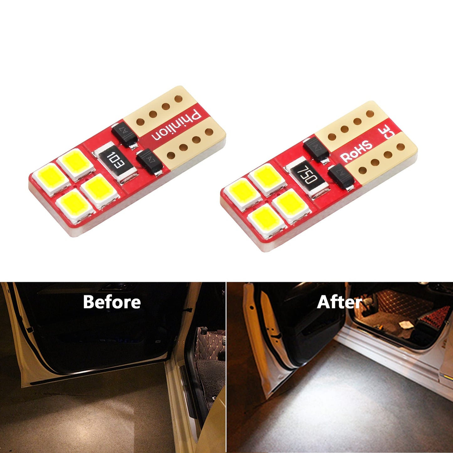 PHINLION LED Light Bulb T10-2835-8SMD-W, 6000K White, Super Bright Replacement Bulbs for Car Interior, Pack of 10