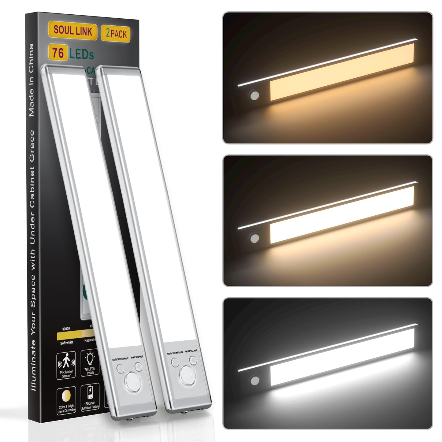 SOUL LINK Under Cabinet Lights, 88 LED Motion Sensor, USB Rechargeable, 12inch - 4 Pack, White, Aluminum