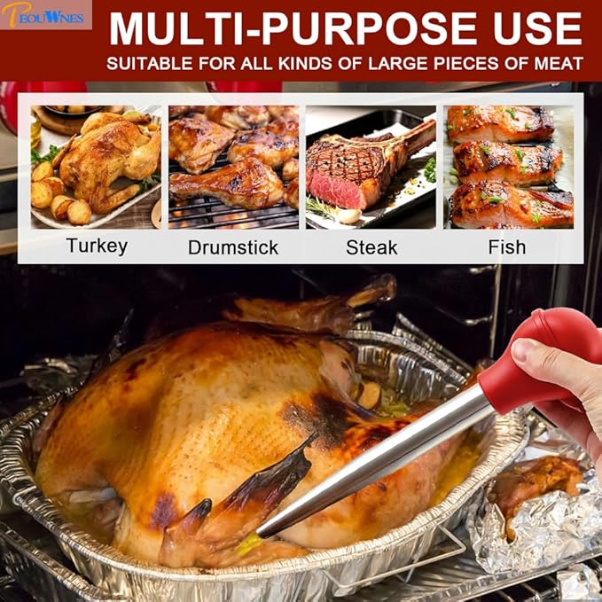 Stainless Steel Turkey Baster with Cleaning Brush & Needle, Red Meat Injector Set for Home Baking Kitchen Tool Cooking, Flavor Meat Poultry, Beef, Chicken
