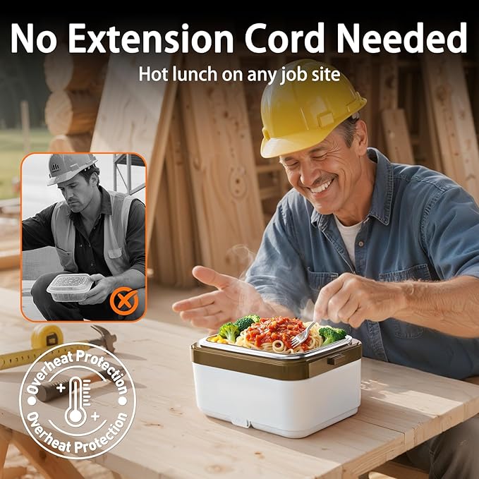 Electric Heated Lunch Box: Cordless 6.3-Cup Portable Food Warmer with 75W Fast Heating & Type-C, Leak Proof Stainless Steel Container for Truck Drivers, Office & Construction Workers, White