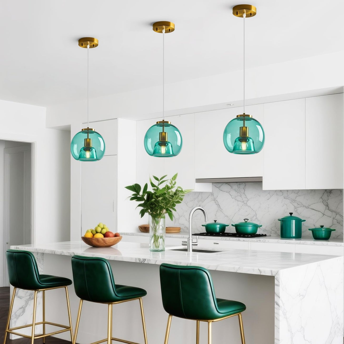 Lbsqj Light Blue Glass Pendant Lights Kitchen Island Gold Hanging Light Fixture Glass Globe Pendant Light Modern Pendant Lighting For Kitchen Island Bedroom Dining Room (7.87  2 Pack)